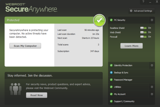 "Webroot antivirus interface"